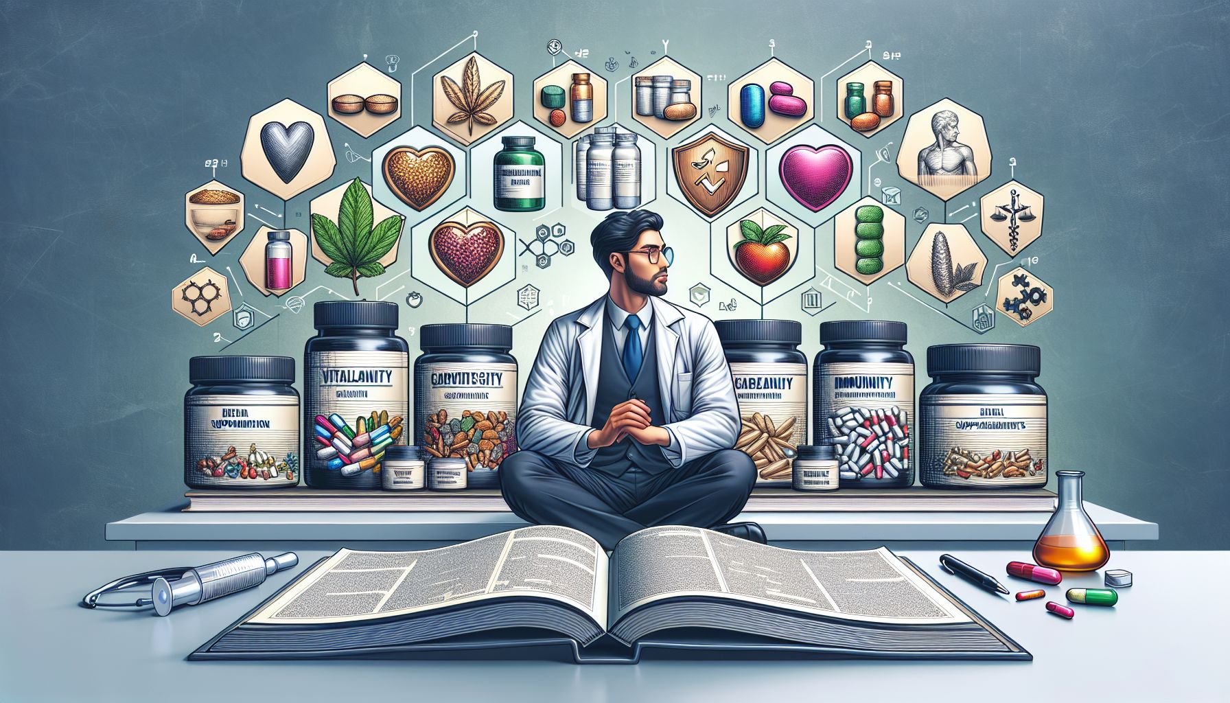 Assorted men's sexual health supplements displayed on a wooden table, emphasizing potency, wellness, and natural ingredients.
